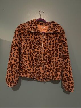 Leopard Print Faux Fur Zip Jacket - Brown